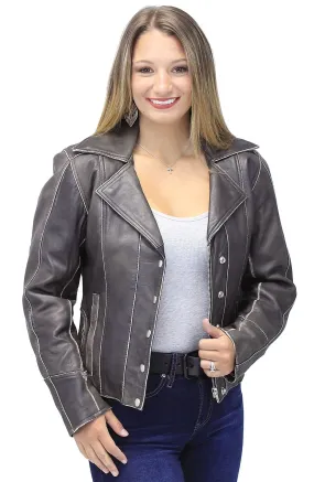 Vintage Leather Motorcycle Jacket for Women #LA4040ZRDN ()