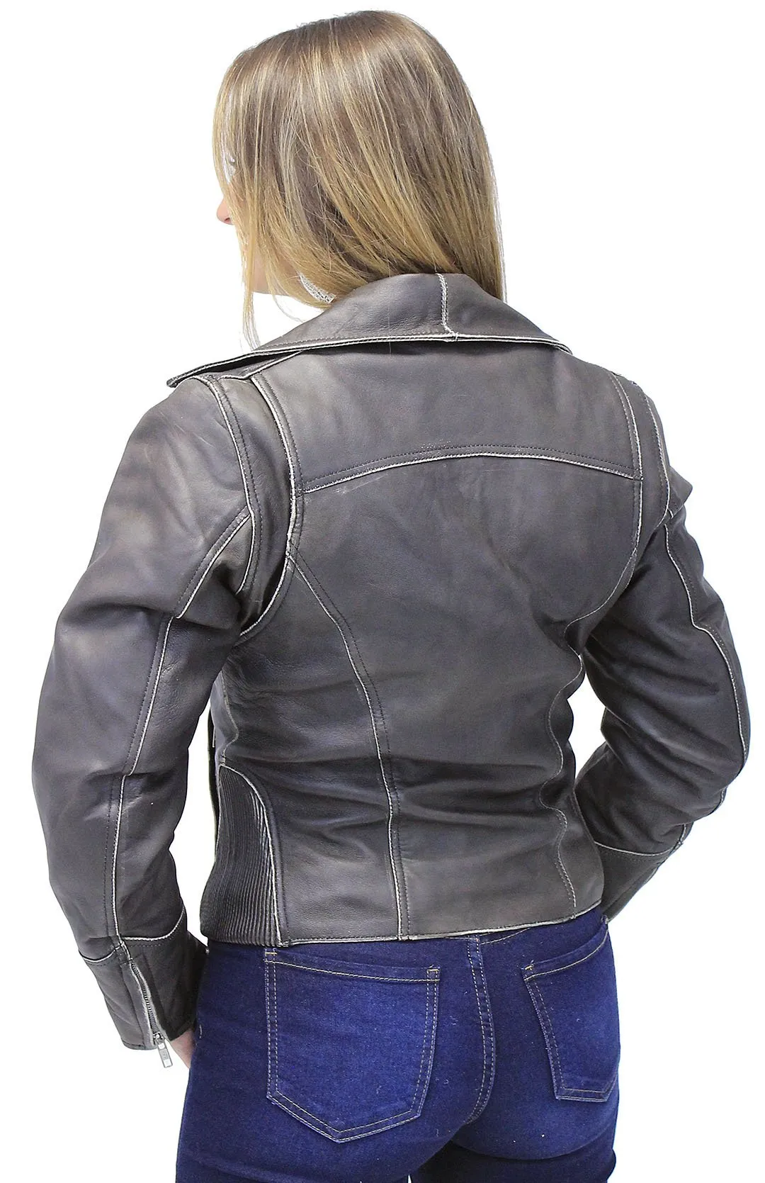 Vintage Leather Motorcycle Jacket for Women #LA4040ZRDN ()