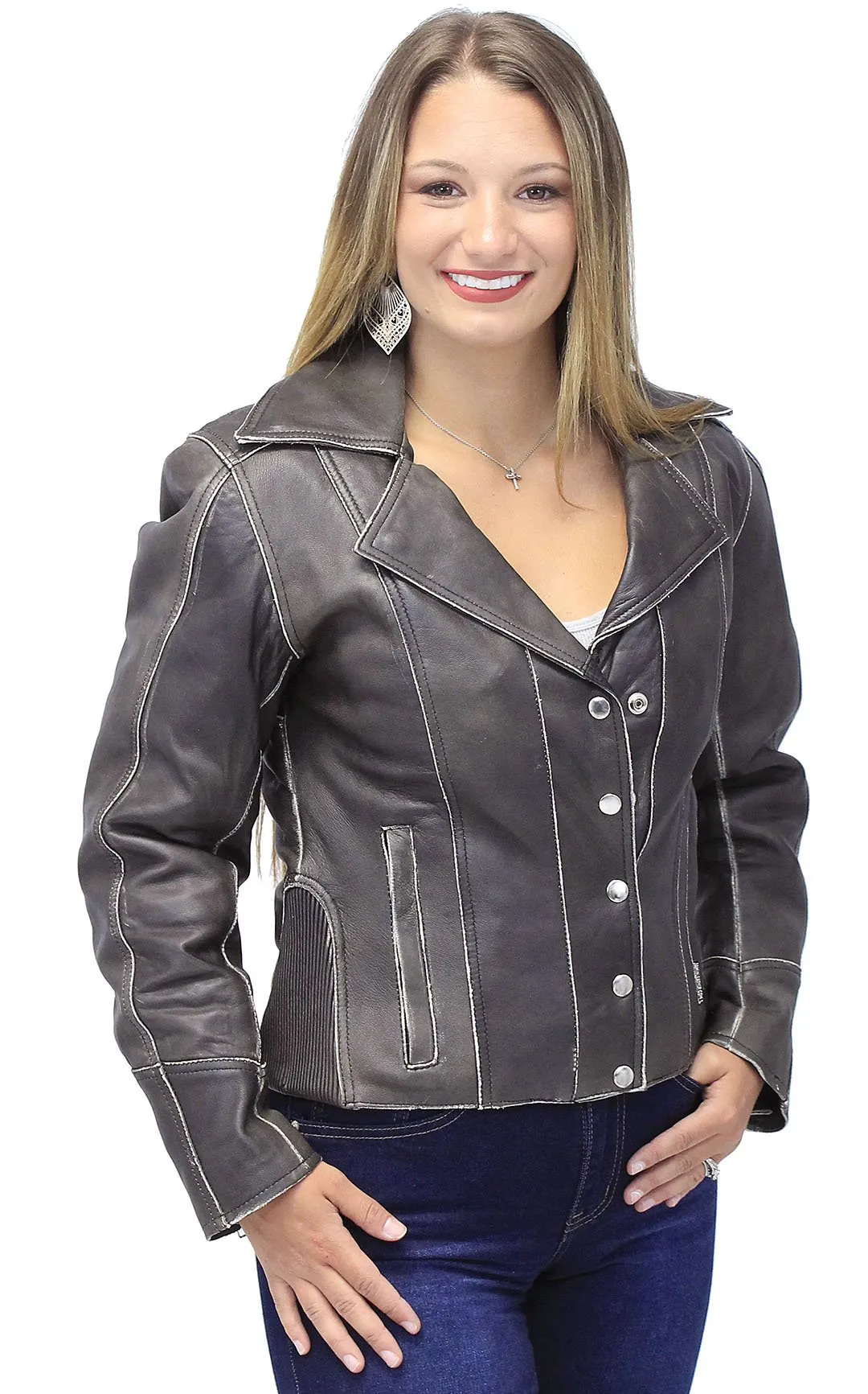 Vintage Leather Motorcycle Jacket for Women #LA4040ZRDN ()