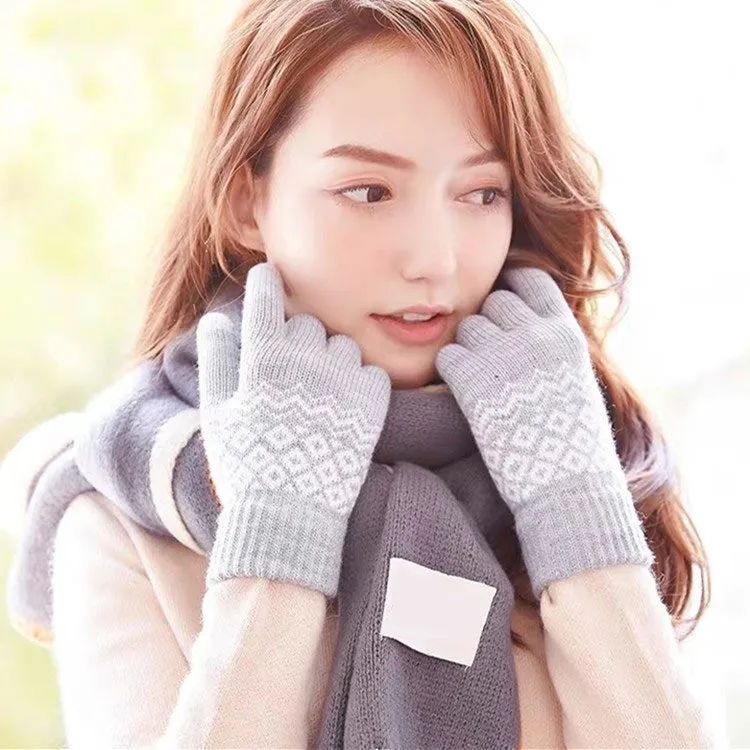 Winter Touch Screen Gloves Women Men Warm Stretch Knit Mittens Imitation Wool Thicken Full Finger Gloves(A-White)