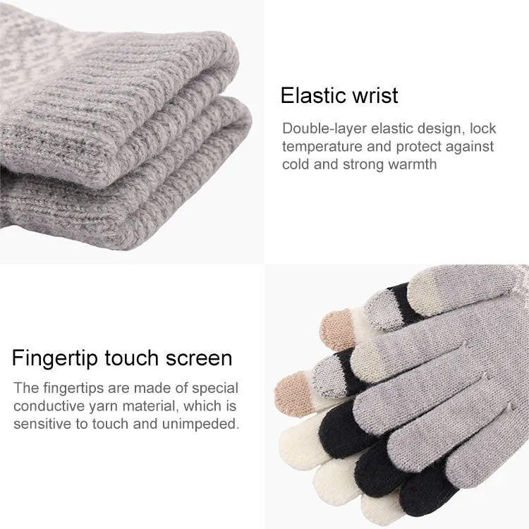 Winter Touch Screen Gloves Women Men Warm Stretch Knit Mittens Imitation Wool Thicken Full Finger Gloves(A-White)