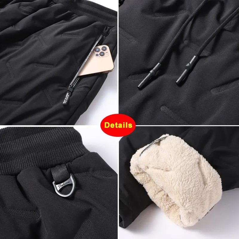 Winter Zip Pockets Thicken Fleece Unisex  Sweatpants  Jogger Black  Down Sport Warm Pants Male and female Water Proof Thermal Trousers