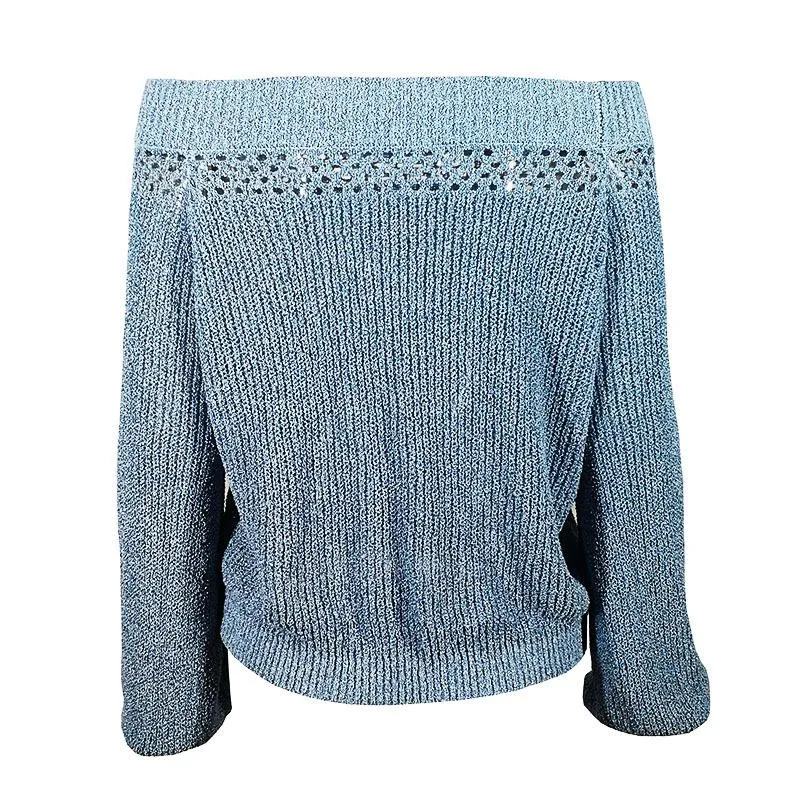 Women Blue Sexy Loose Off-The-Shoulder Sweater