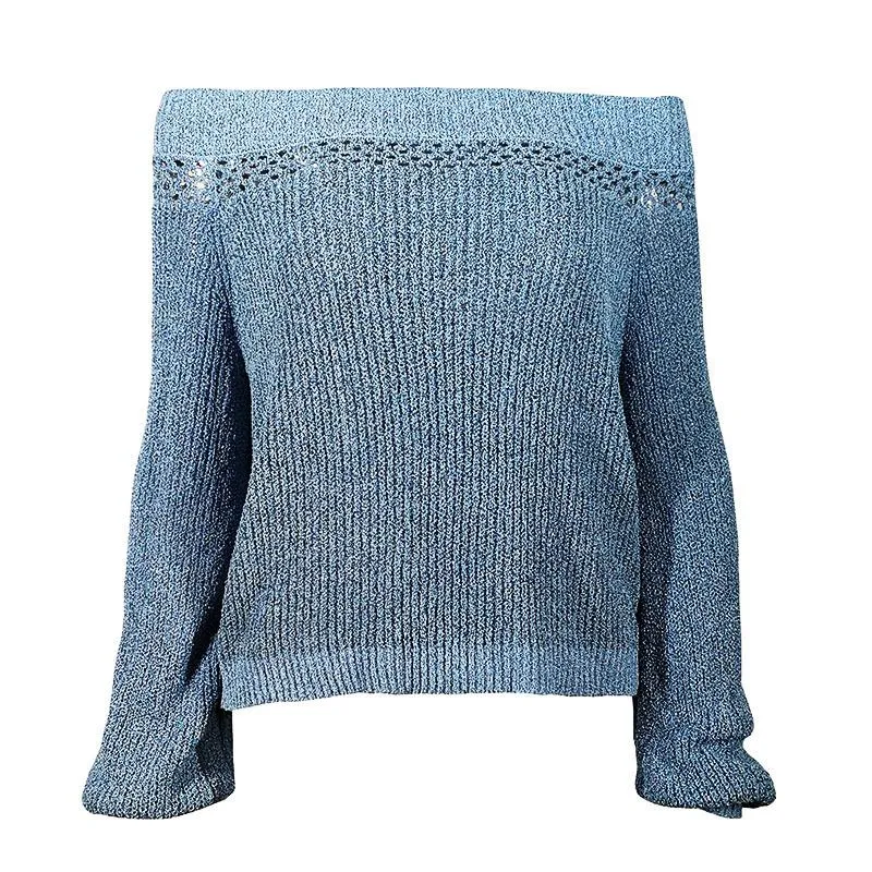 Women Blue Sexy Loose Off-The-Shoulder Sweater