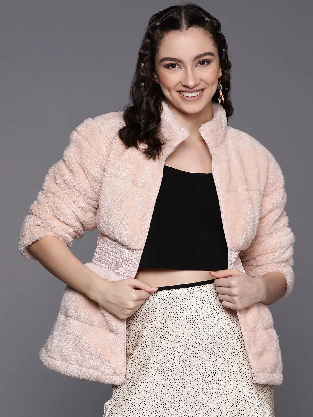 Women Pink Elasticated Waistband Quilted Fur Jacket