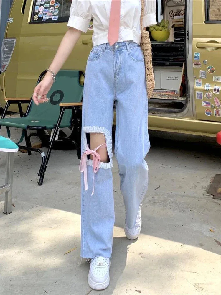 Women Streetwear Baggy Out Wide Leg Denim Pants Y2k Cutecore Pants