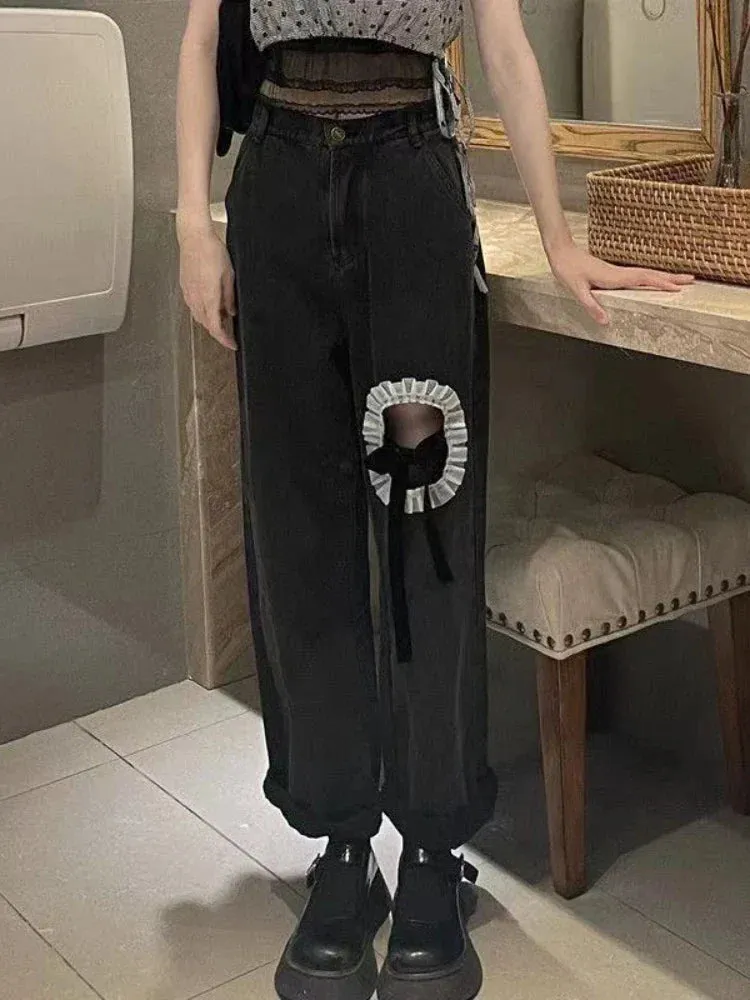 Women Streetwear Baggy Out Wide Leg Denim Pants Y2k Cutecore Pants