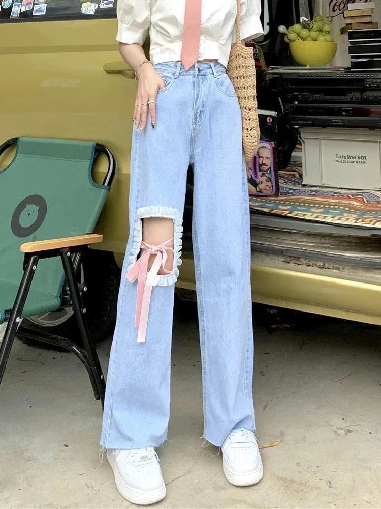 Women Streetwear Baggy Out Wide Leg Denim Pants Y2k Cutecore Pants