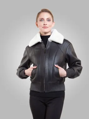 Women’s Black Leather White Shearling Bomber Jacket