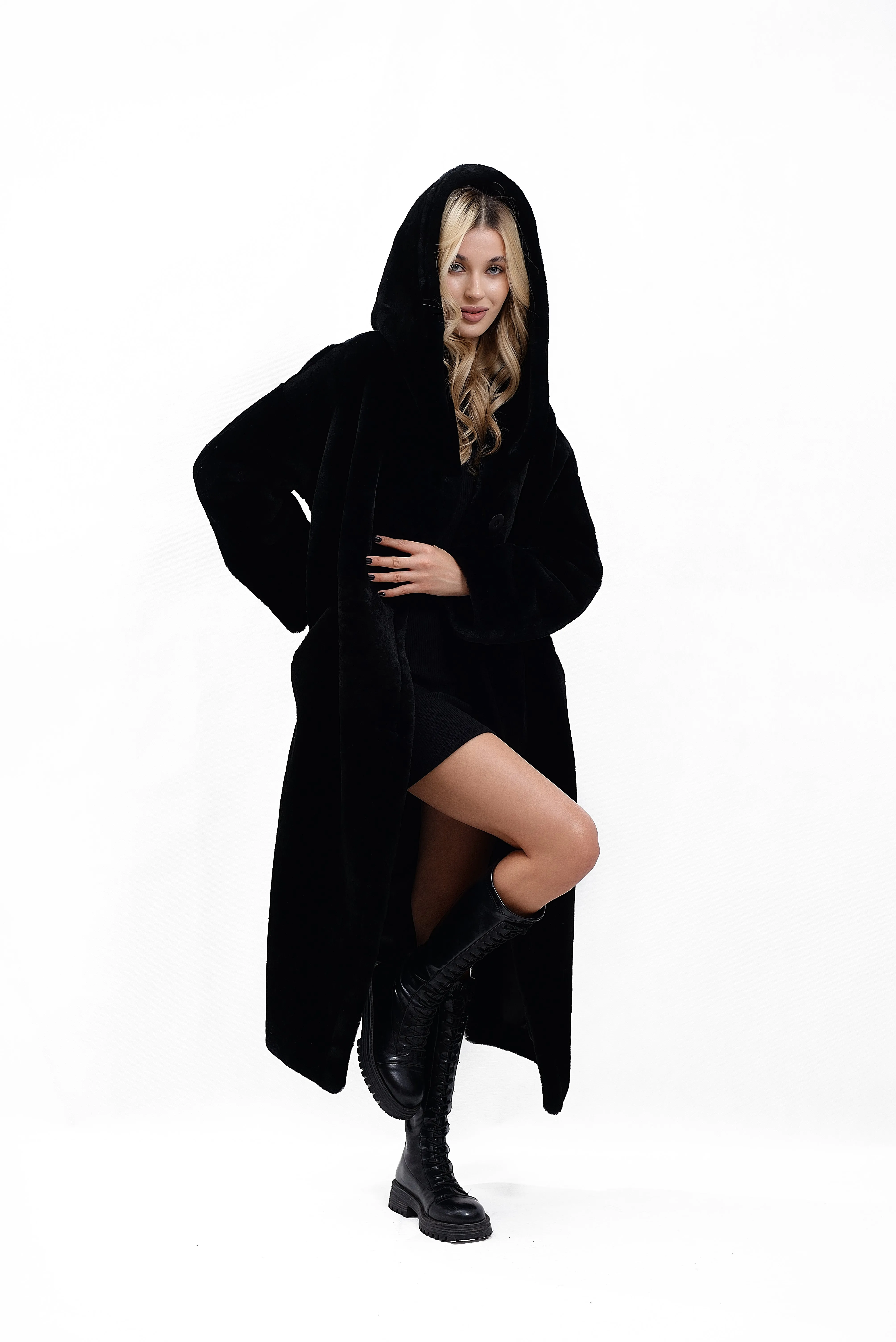 Women's Coat Made of Natural Mouton Fur with Hood, Black