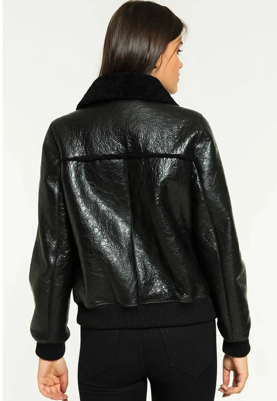 Women's Elegant Black Leather Shearling Jacket