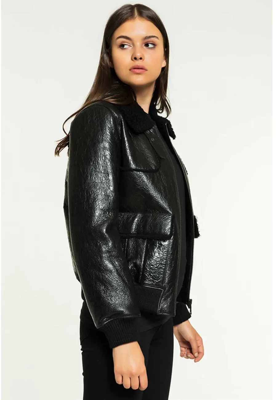 Women's Elegant Black Leather Shearling Jacket