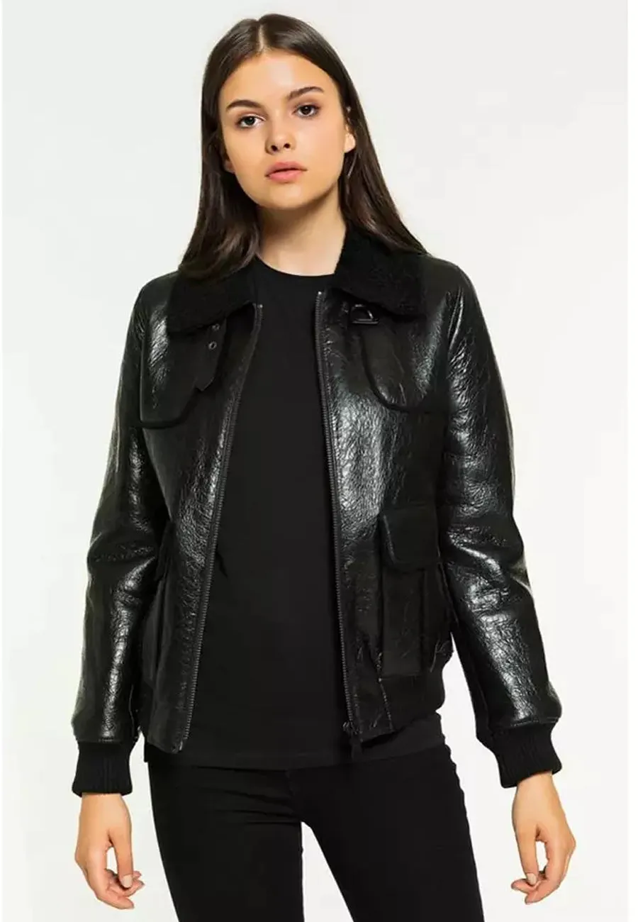 Women's Elegant Black Leather Shearling Jacket