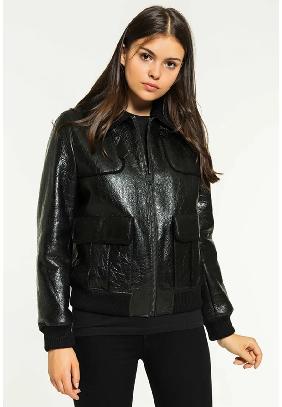 Women's Elegant Black Leather Shearling Jacket