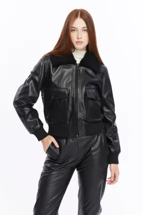 Women's Leather Bomber Jacket, Black