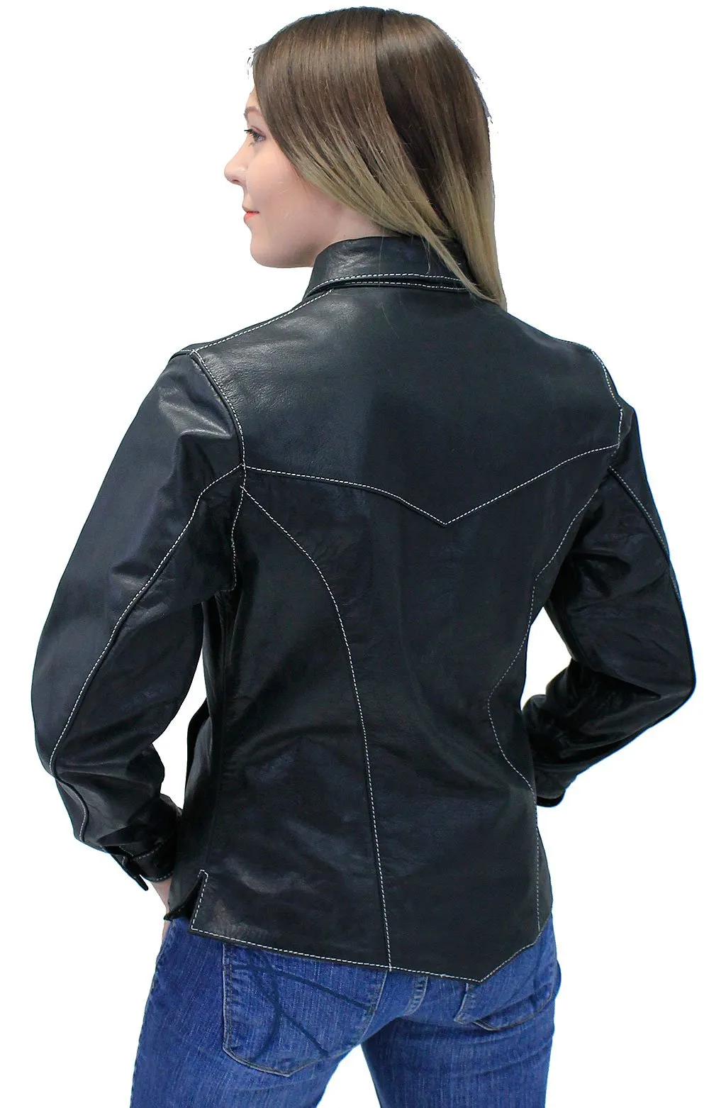 Women's Lightweight Ultra Premium Leather Shirt w/White Stitching #LS431GWK ()