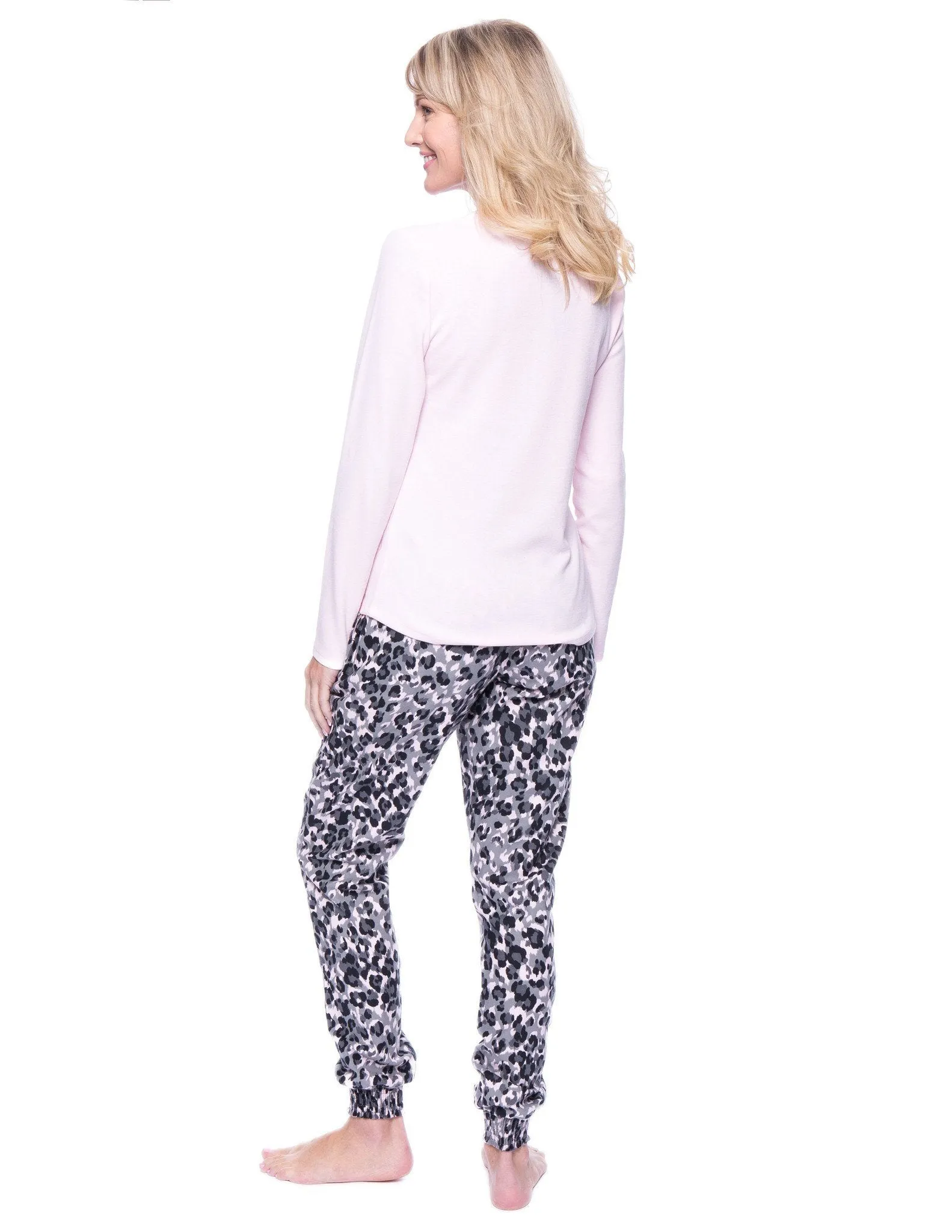 Women's Premium Flannel Jogger Lounge Set - Leopard Pink/Grey