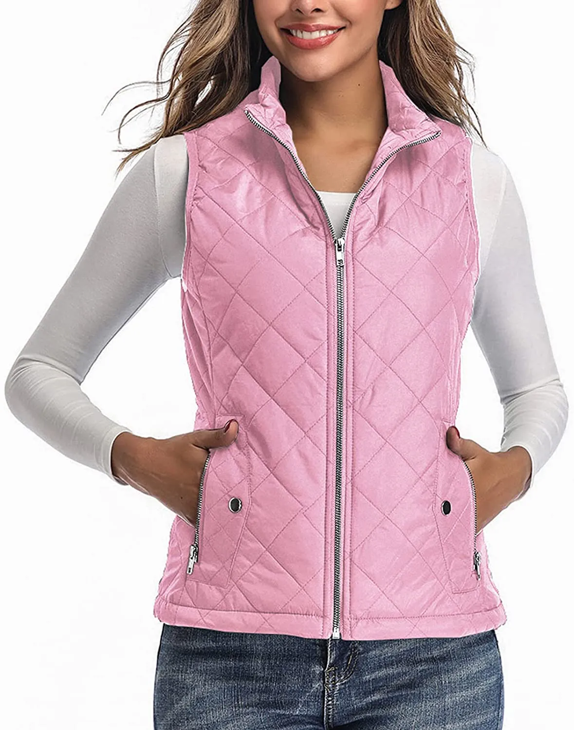 Women's Vest - Stand Collar Lightweight Zip Quilted Vest for Women