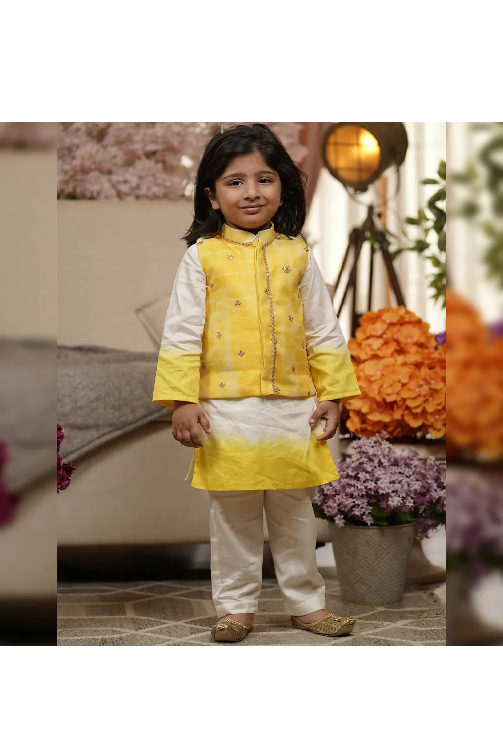 Yellow Tie And Dye Printed Cotton Silk Kurta With Jacket Set