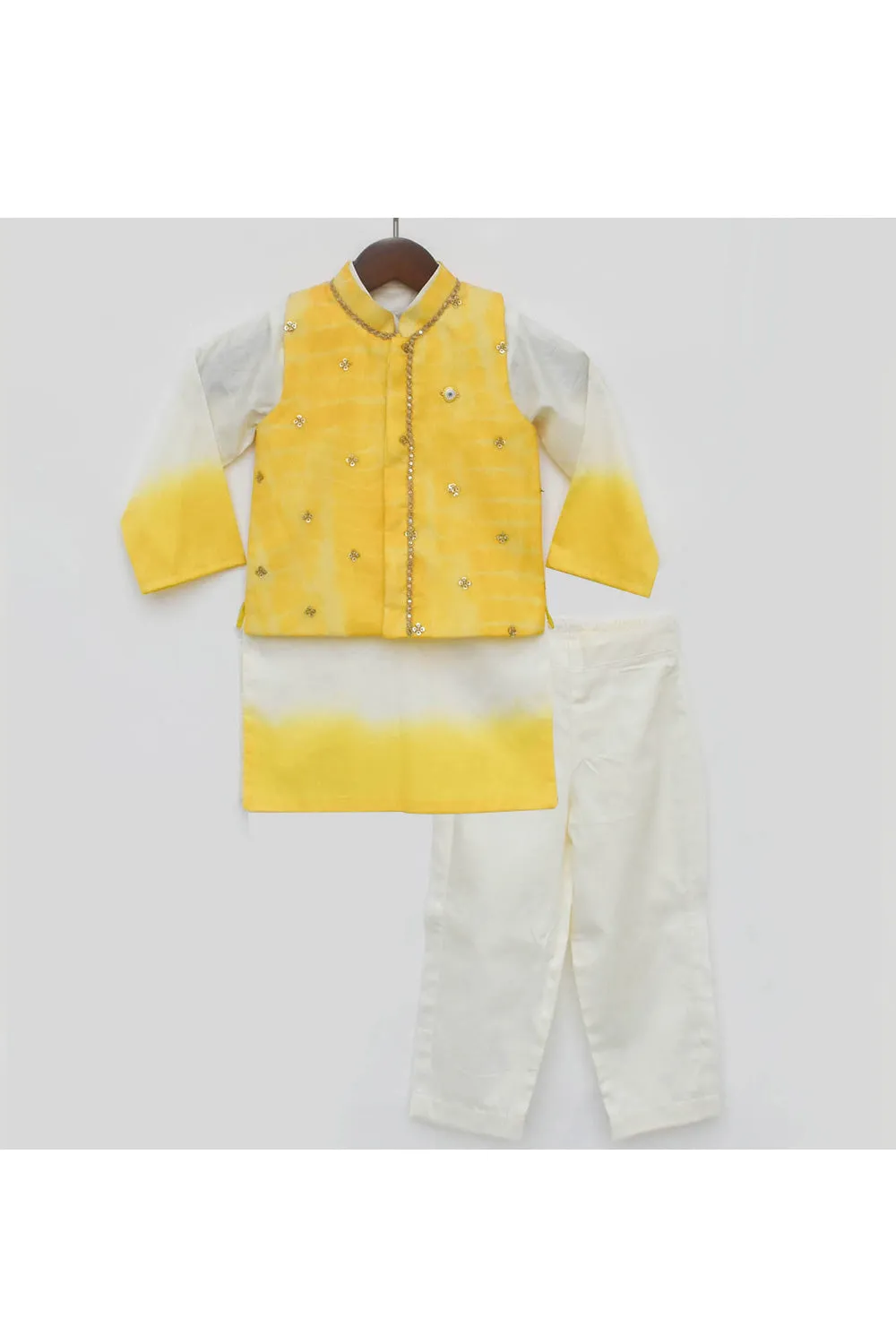 Yellow Tie And Dye Printed Cotton Silk Kurta With Jacket Set