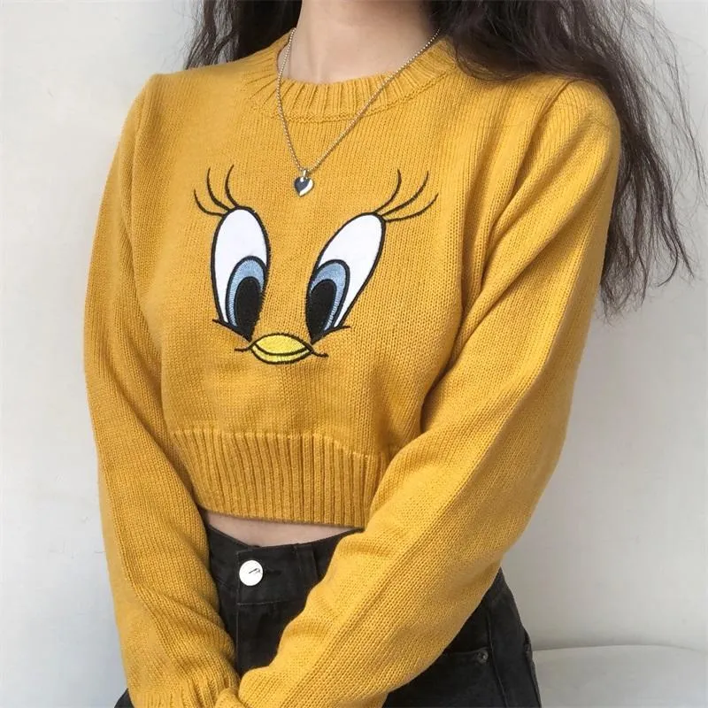 Yellow Tweety Embroidery Knitted Crop Sweater